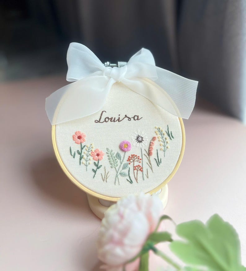 Custom Embroidered Wood Hoop, Name Banner, Hand Embroidered Hoop Art, Name Hoop Art, Anniversary Decor,Ring Holder,Wedding Decor,Baby Shower