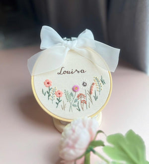 Custom Embroidered Wood Hoop, Name Banner, Hand Embroidered Hoop Art, Name Hoop Art, Anniversary Decor,Ring Holder,Wedding Decor,Baby Shower