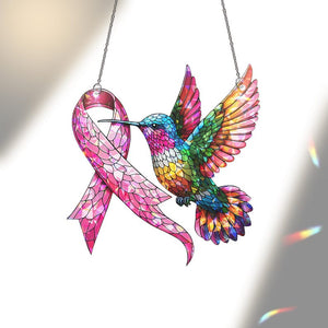 Hummingbird Suncatcher: Pink Ribbon Holographic Acrylic Window Decor