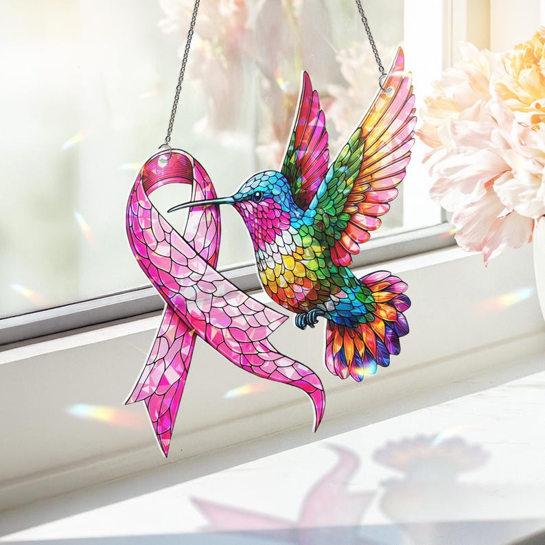 Hummingbird Suncatcher: Pink Ribbon Holographic Acrylic Window Decor