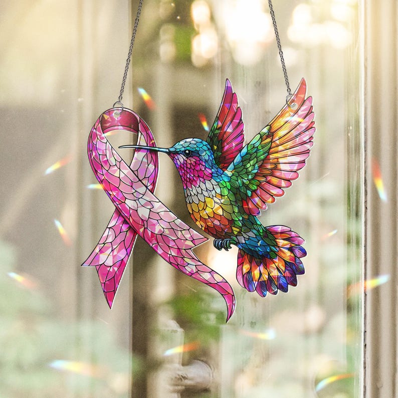 Hummingbird Suncatcher: Pink Ribbon Holographic Acrylic Window Decor