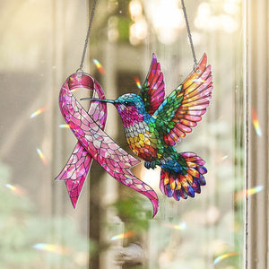 Hummingbird Suncatcher: Pink Ribbon Holographic Acrylic Window Decor