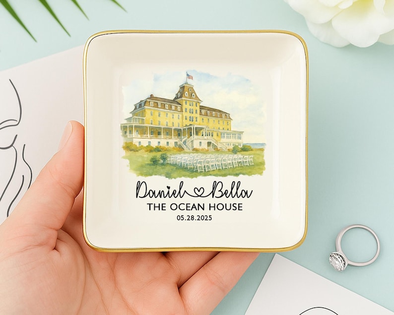 Custom Venue Jewelry Dish, Personalized Wedding Location Watercolor Ring Tray, Gift For Couple, 1st Wedding Anniversary Present,Engaged Gift