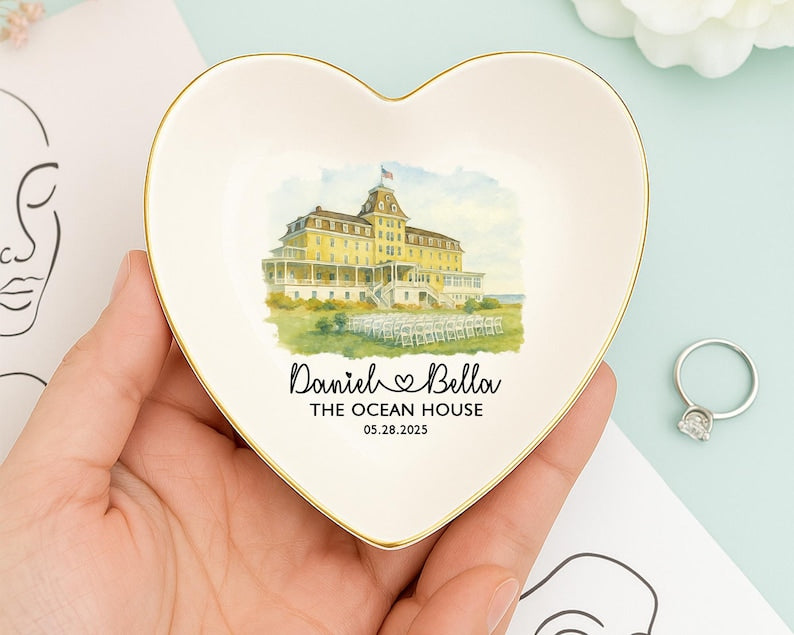 Custom Venue Jewelry Dish, Personalized Wedding Location Watercolor Ring Tray, Gift For Couple, 1st Wedding Anniversary Present,Engaged Gift