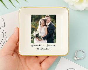 Custom Photo Jewelry Dish, Personalized Engagement Gift, Wedding Ring Tray with Picture & Names, Anniversary Keepsake, Gift For Couple