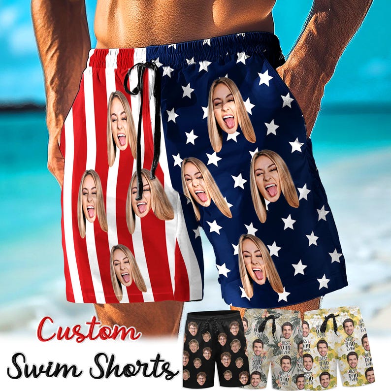 Personalized Men Bathing Suit, Father Swim Trunks, Custom Photos Beach Short for Dad, Custom face Hawaiian Swim Trunks, Father's Day Gifts