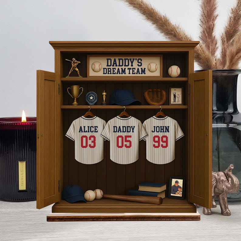 Personalized Daddy's Dream Team Baseball Jersey 3-Layered Standing Wooden Plaque, Father's Day Gifts For Dad, Grandpa, Custom Names Sign