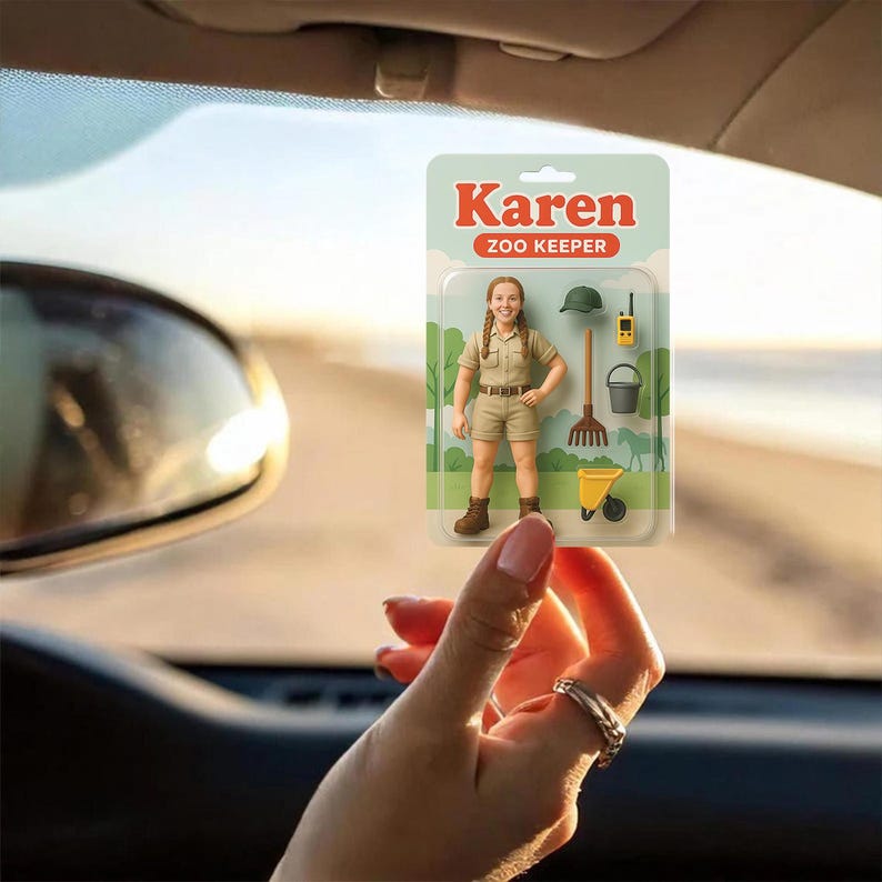 Personalized 2D Zoo Keeper Keychain, Turn Your Photo Into An Action Figure, Custom Toy Box Figure, Unique Funny AI Zoo Keeper Car Decor