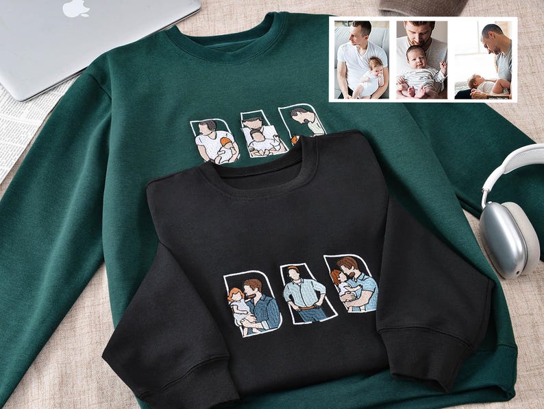 Custom Portrait Sweatshirt,Embroidered Dad Hoodie with Kid Portrait,Father Portrait Hoodie from Your Photo,Father's Day Gift,PAPA Hoodies