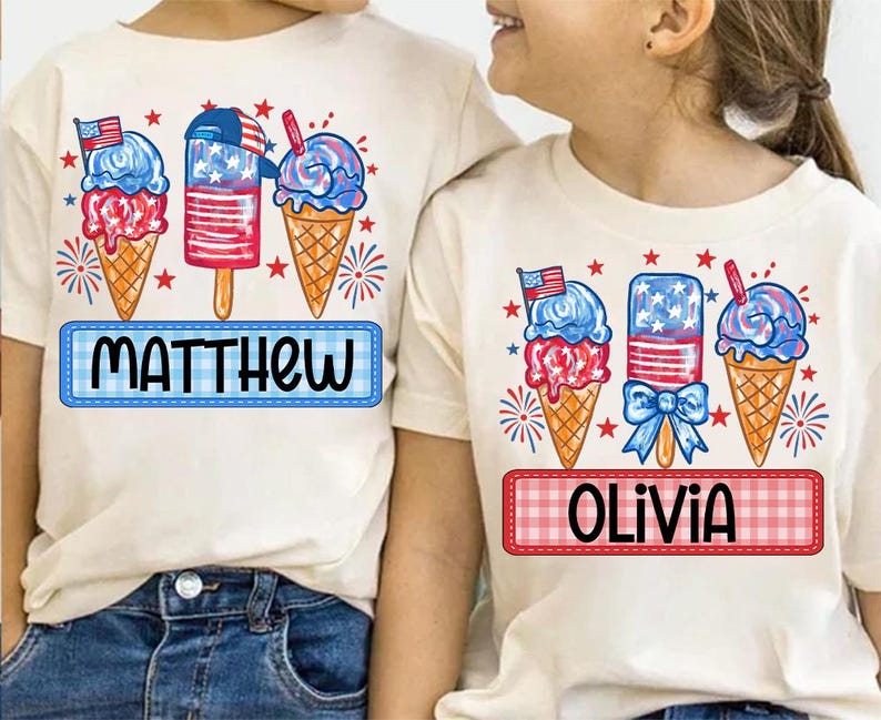 Personalized Boy Girl 4th Of July Kids Shirt, Boy Girl America T-Shirt, Patriotic Shirt, Red White Blue Shirt, Fireworks, Ice Cream Brushstroke