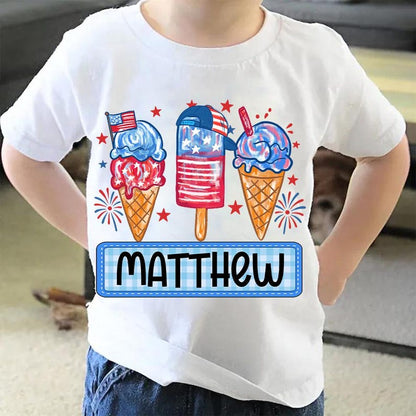 Personalized Boy Girl 4th Of July Kids Shirt, Boy Girl America T-Shirt, Patriotic Shirt, Red White Blue Shirt, Fireworks, Ice Cream Brushstroke