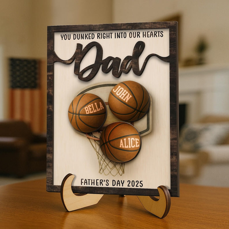 You Dunked Right Into Our Heart Basketball Dad Personalized 2-Layered Wooden Plaque, Custom Names Sign, Father's Day Gifts, Gifts for Dad