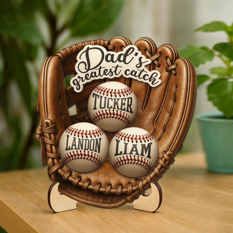 Personalized We Caught The Best Dad 2-Layered Wooden Plaque With Stand, Custom Kid's Names Baseball Sign, Father's Day Gifts, Gifts for Dad