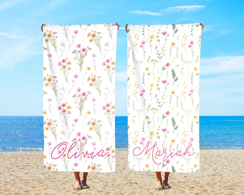 Personalized Name Beach Towels, Wildflower Beach Towel, Custom Pool Party Towel, Wedding Bridesmaid Gift, Floral Towel, Gift for Tween