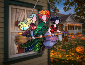 Acrylic Flying Witch Trio Halloween Witch Suncatcher Magical Broomstick Window Hanging Decor