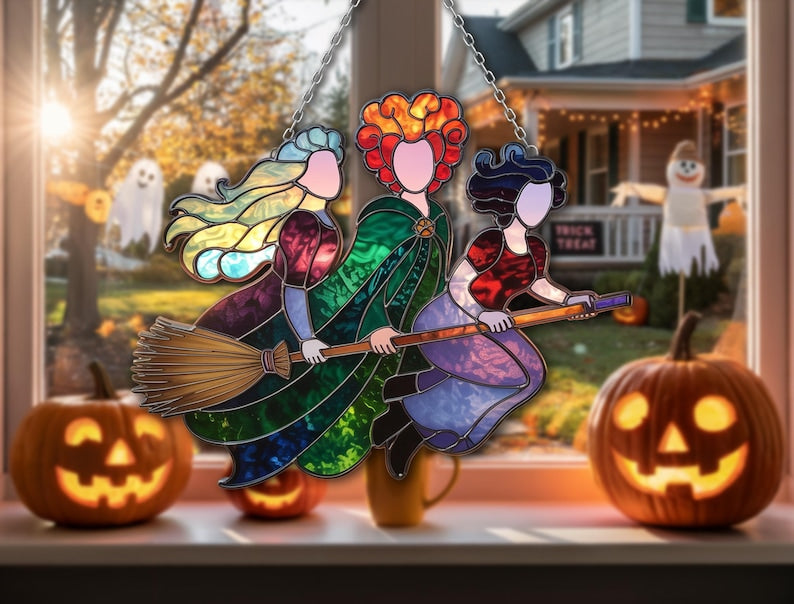 Acrylic Flying Witch Trio Halloween Witch Suncatcher Magical Broomstick Window Hanging Decor