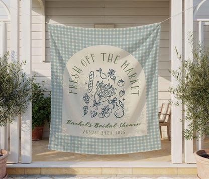 Fresh Off the Market Bridal Shower Banner, Farmers Market Theme Tapestry for Bride-to-Be, Custom Name & Date Sign