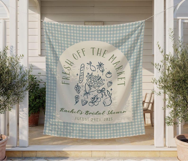 Fresh Off the Market Bridal Shower Banner, Farmers Market Theme Tapestry for Bride-to-Be, Custom Name & Date Sign