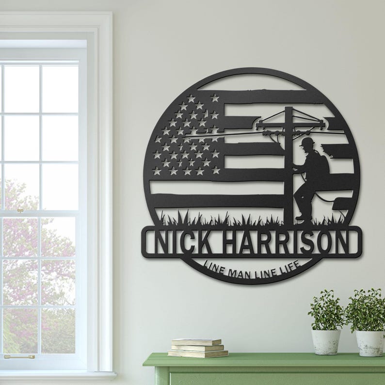 Custom Lineman Metal Sign Personalized American Flag Utility Pole Decor Line Man Line Life Gift Garage or Shop Wall Art
