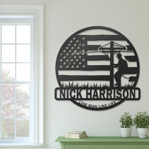 Custom Lineman Metal Sign Personalized American Flag Utility Pole Decor Line Man Line Life Gift Garage or Shop Wall Art