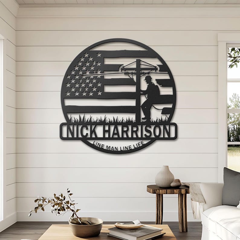 Custom Lineman Metal Sign Personalized American Flag Utility Pole Decor Line Man Line Life Gift Garage or Shop Wall Art