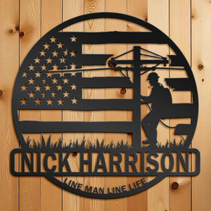 Custom Lineman Metal Sign Personalized American Flag Utility Pole Decor Line Man Line Life Gift Garage or Shop Wall Art