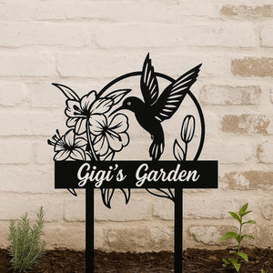 Custom Hummingbird Metal Garden Decor, Bird with Stakes Garden Sign,Flower Design Personalized Garden Sign,Custom Garden Name Sign,Home Gift