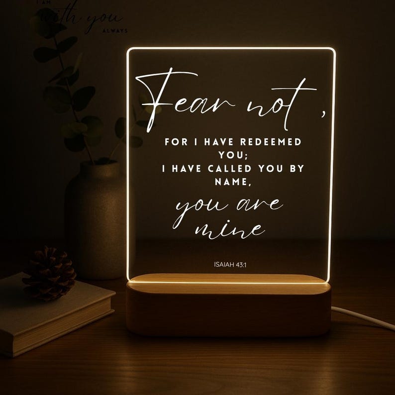 Custom Bible Verse Night Light Personalized Christian LED Lamp Religious Gift for Her, Faith Decor, Scripture Light with Wooden Base