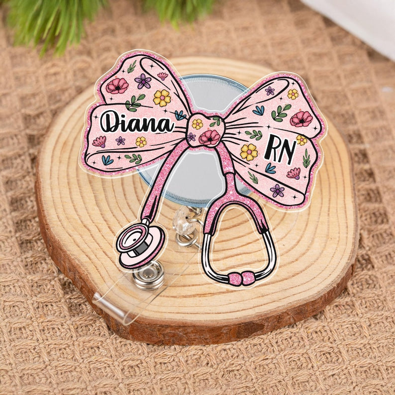 Custom Nurse Badge Reel, Faux Glitter Pink Bow Badge Reel, RN Badge Reel, Gift For Nurse, Stethoscope Badge Reel, Doctor Gift, Medical Gift