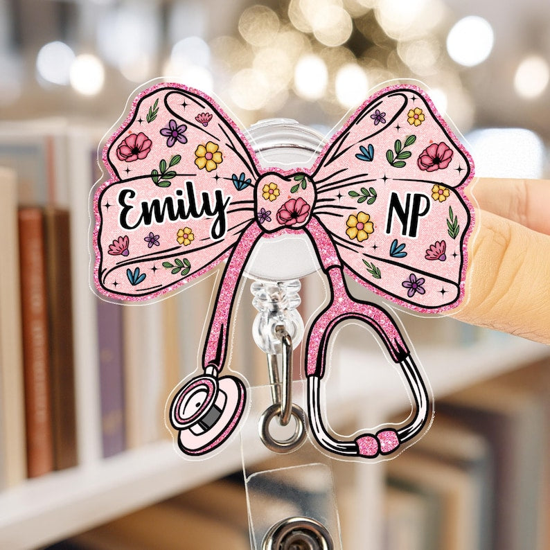 Custom Nurse Badge Reel, Faux Glitter Pink Bow Badge Reel, RN Badge Reel, Gift For Nurse, Stethoscope Badge Reel, Doctor Gift, Medical Gift