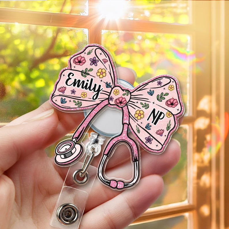 Custom Nurse Badge Reel, Faux Glitter Pink Bow Badge Reel, RN Badge Reel, Gift For Nurse, Stethoscope Badge Reel, Doctor Gift, Medical Gift