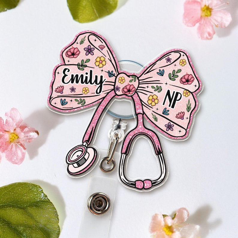 Custom Nurse Badge Reel, Faux Glitter Pink Bow Badge Reel, RN Badge Reel, Gift For Nurse, Stethoscope Badge Reel, Doctor Gift, Medical Gift