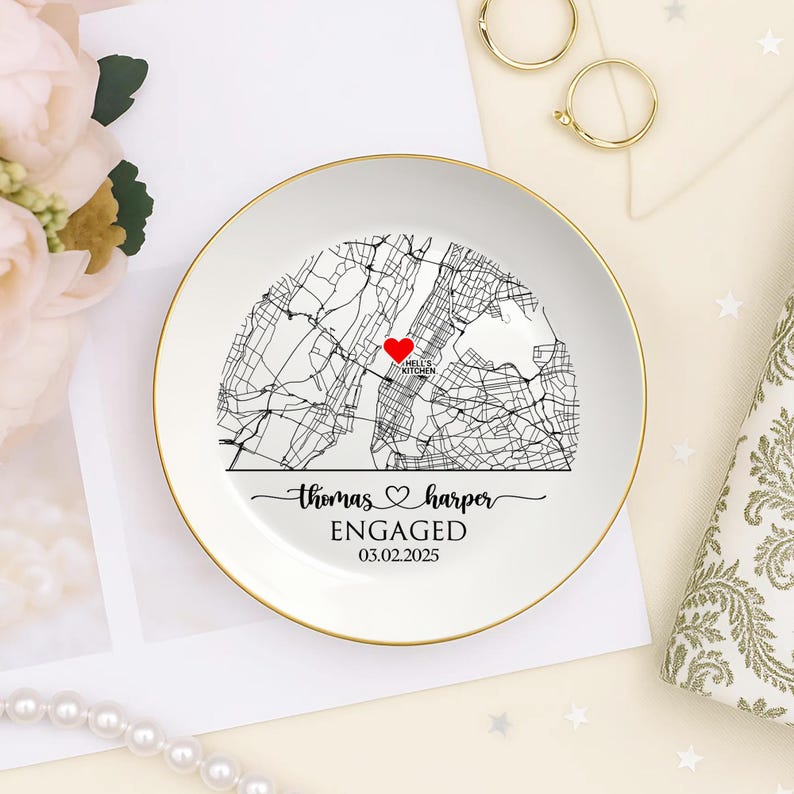 Custom Map Engaged Trinket Dish, Engagement Keepsake, Location Engagement Gifts For Couple Unique, Gifts For Newly Engaged Ring Holder