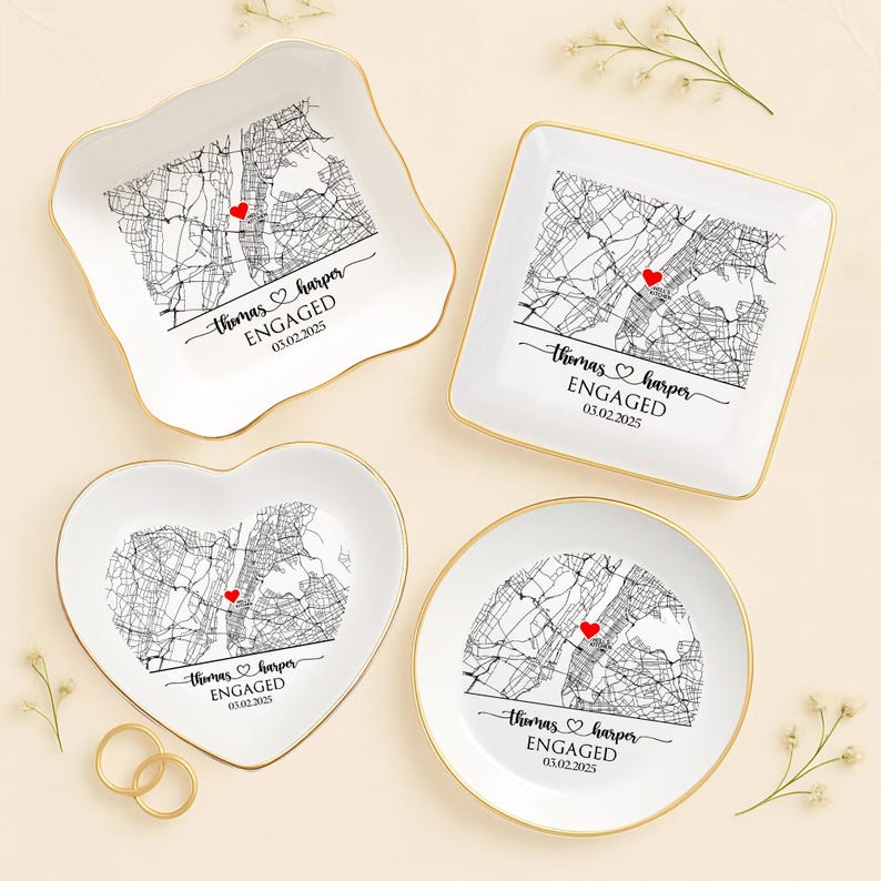 Custom Map Engaged Trinket Dish, Engagement Keepsake, Location Engagement Gifts For Couple Unique, Gifts For Newly Engaged Ring Holder
