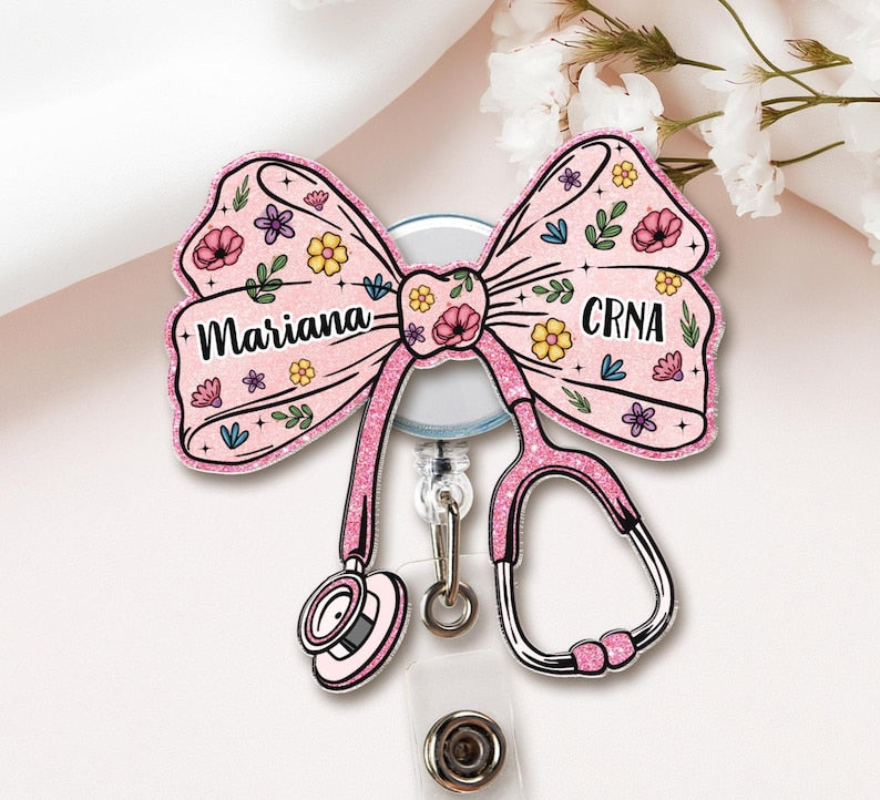 Custom Nurse Badge Reel, Faux Glitter Pink Bow Badge Reel, RN Badge Reel, Gift For Nurse, Stethoscope Badge Reel, Doctor Gift, Medical Gift