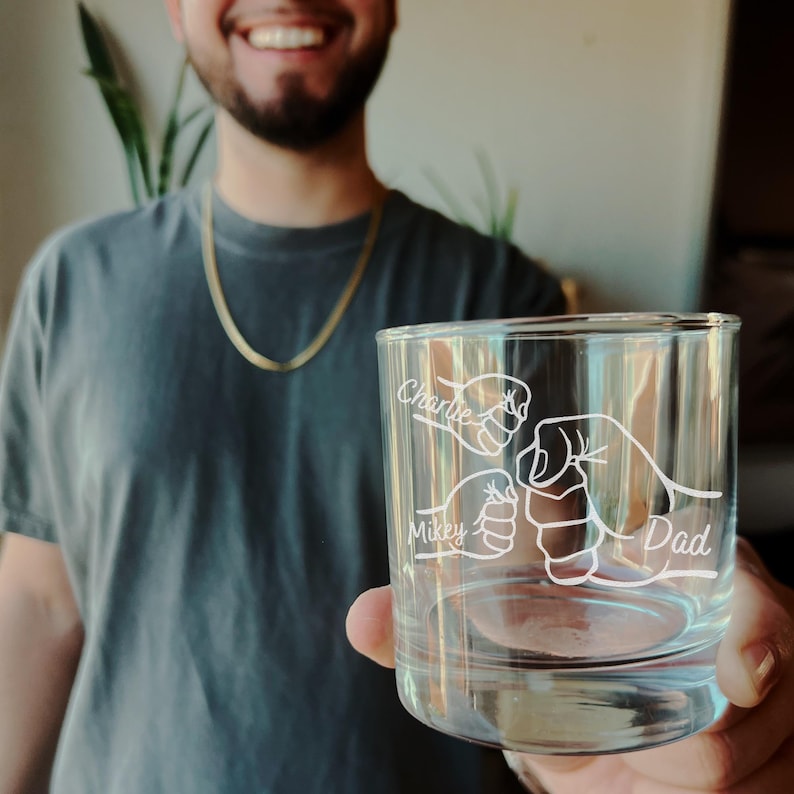 Engraved Whiskey Glass Fist Bump Dad And Kids, Personalized Dad Gift From Kids, Thoughtful Gifts For Dad, Unique Gift ideas For Dad, Etched