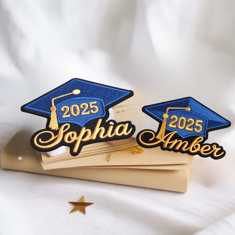 Custom Name With Hat Graduation Embroidered Iron On Cap Patch, Grad 2025, Embroidered Contoured Patch, Gift For Grad