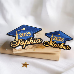 Custom Name With Hat Graduation Embroidered Iron On Cap Patch, Grad 2025, Sew on, Velcro Embroidered Contoured Patch, Gift For Grad