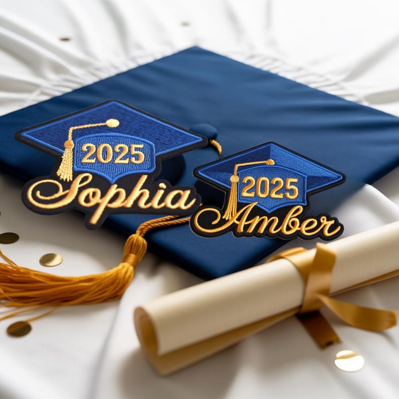 Custom Name With Hat Graduation Embroidered Iron On Cap Patch, Grad 2025, Embroidered Contoured Patch, Gift For Grad