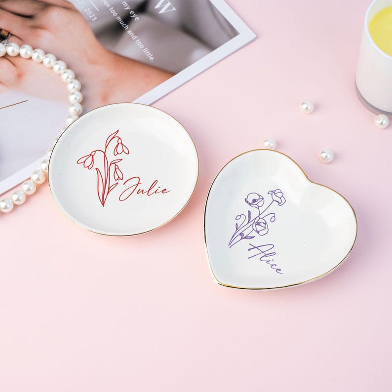 Personalised Birth Flower Ring Dish, Custom Colorful Floral Jewelry Dish, Name Trinket Dish, Wedding Bridesmaid Gift, Birthday Gift for Her, Mother's Day Gift
