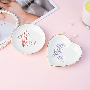 Personalised Birth Flower Ring Dish, Custom Colorful Floral Jewelry Dish, Name Trinket Dish, Wedding Bridesmaid Gift, Birthday Gift for Her, Mother's Day Gift