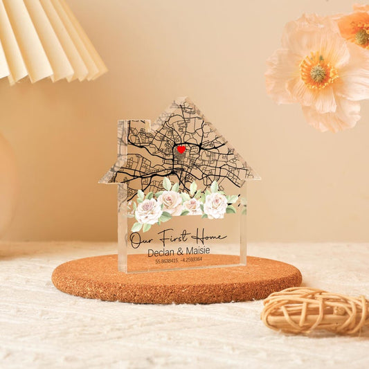 Personalized Housewarming Gift, Custom Home Map, First Home Gift, Location Housewarming Gift, Moving Present, House Shape Plaque Block Gift
