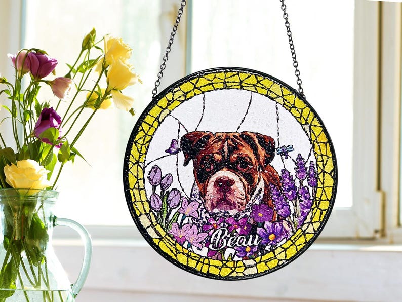Custom Pet Portrait Stained Glass Suncatcher, Personalized Pet Suncatcher, Pet Keepsake Glass Suncatcher, Memorial Gift for Dog or Cat Lover