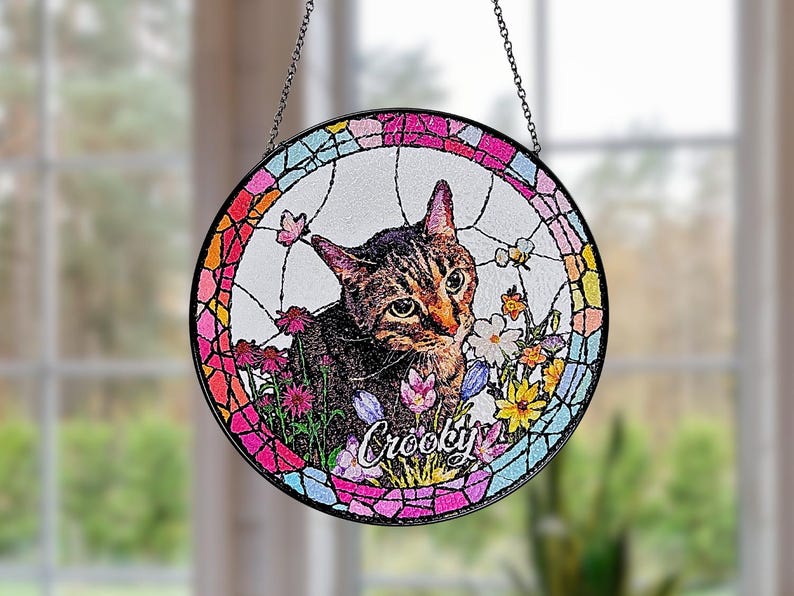 Custom Pet Portrait Stained Glass Suncatcher, Personalized Pet Suncatcher, Pet Keepsake Glass Suncatcher, Memorial Gift for Dog or Cat Lover