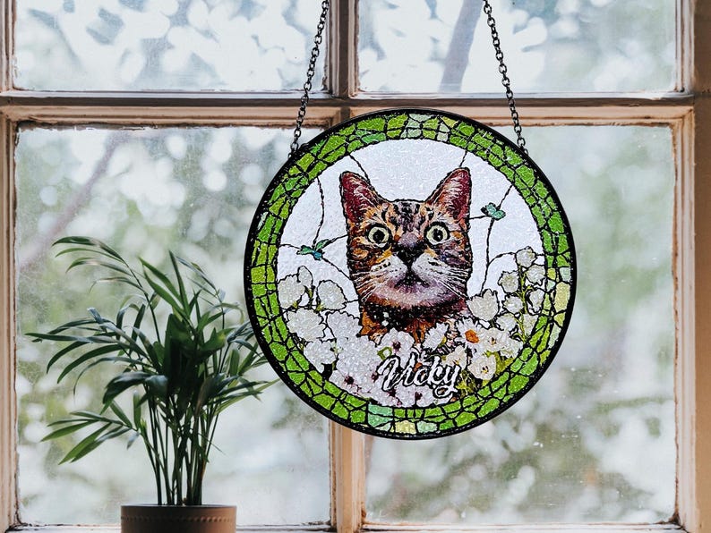 Custom Pet Portrait Stained Glass Suncatcher, Personalized Pet Suncatcher, Pet Keepsake Glass Suncatcher, Memorial Gift for Dog or Cat Lover