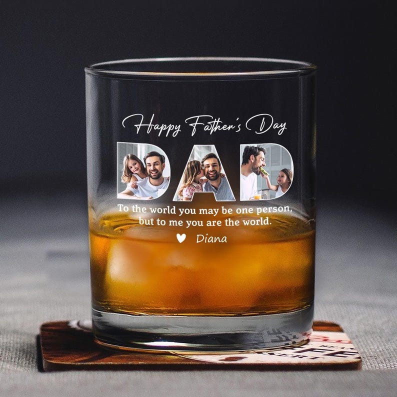 Personalized Father's Day Whiskey Glass, Custom Dad Photo Gift, To The World You Are One Person But To Me You Are The World, Grandpa Gift