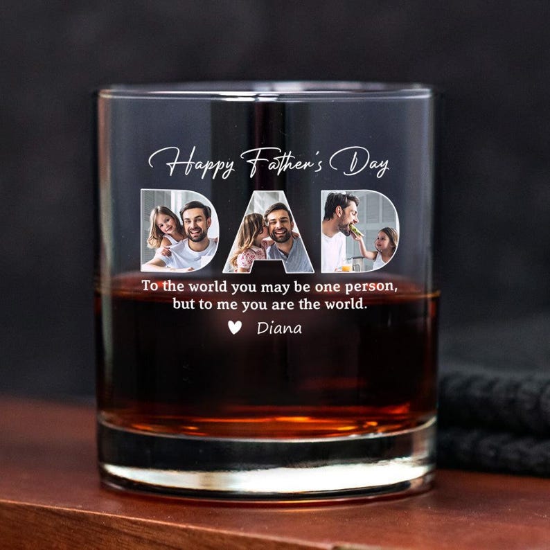 Personalized Father's Day Whiskey Glass, Custom Dad Photo Gift, To The World You Are One Person But To Me You Are The World, Grandpa Gift