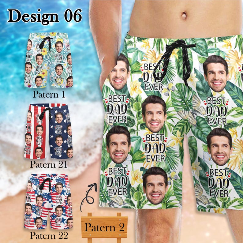 Personalized Men Bathing Suit, Father Swim Trunks, Custom Photos Beach Short for Dad, Custom face Hawaiian Swim Trunks, Father's Day Gifts