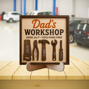 Personalized Dad s Workshop With Kids Name Sign, Custom Kids Names On Tools, Garage Sign for Dad, Grandpa Workshop Sign, Father's Day Gift
