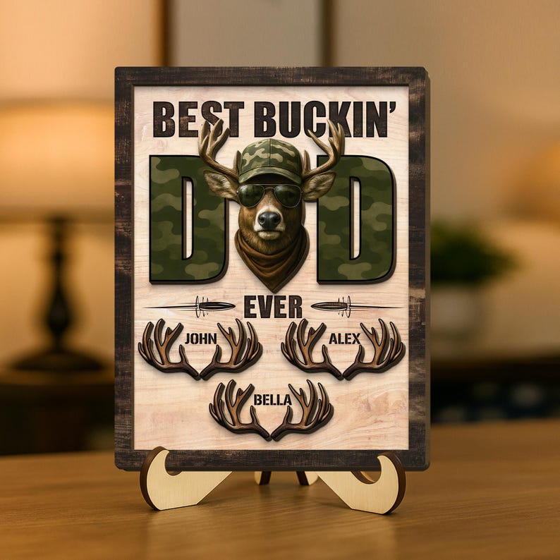 Personalized Best Buckin' Dad Ever 2-Layered Wooden Plaque, Custom Kid's Name Hunting Sign, Fathers Day Gift, Gift for Dad, Hunting Dad Gift